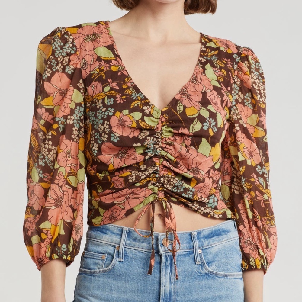 NWT MOTHER Floral Ruched V-Neck Crop Top - Brown/Pink/Green